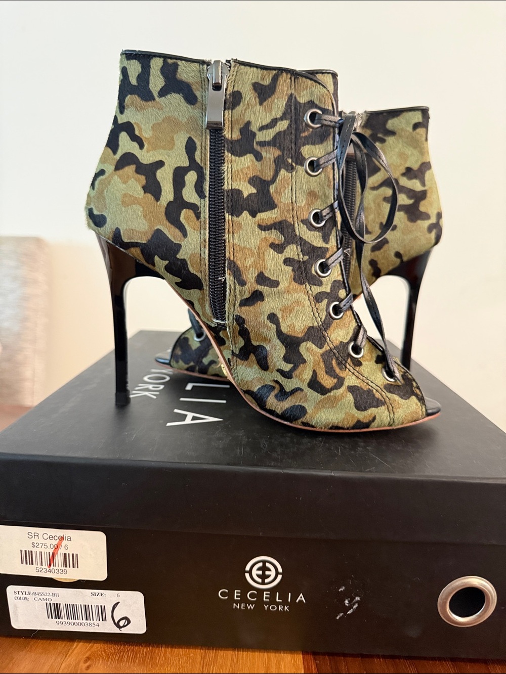 CECILIA NEW YORK Olive Camo Lace-Up Peep-Toe Booties